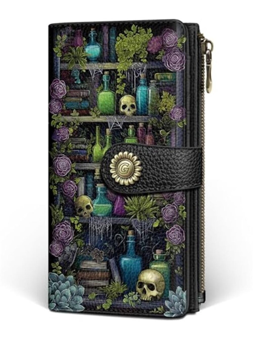 Gothic RFID Blocking Womens Wallet Slim Zip Around Card Holder PU Leather Large